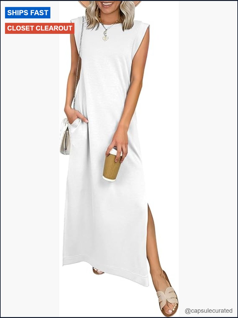 Women's Sleeveless Maxi Dress Crewneck Side Split Wrinkle-Free Travel Vacation